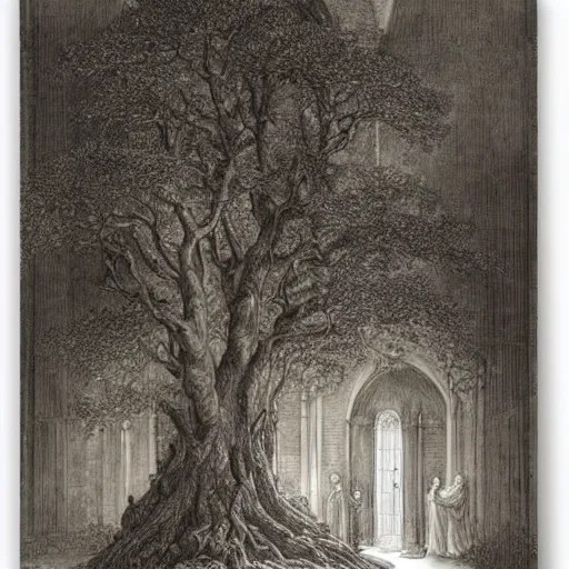 Image similar to roof piercing tree in a chapel, chanting monks, romanticism, by gustave dore, highly detailed