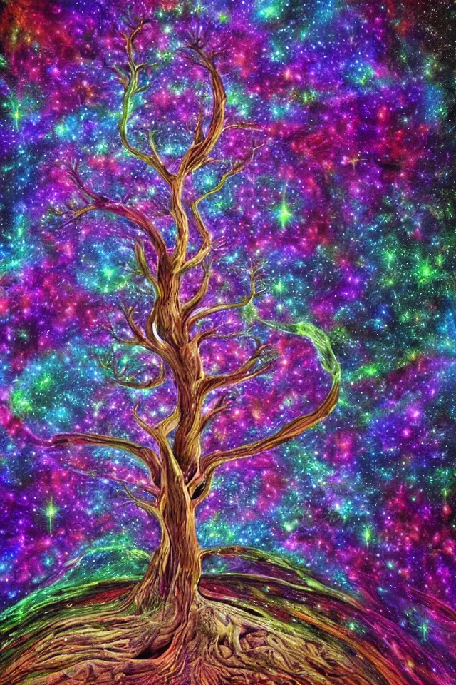 Prompt: fractal tree in deep space in style of Dean Roger, massive trunk, hyper realism