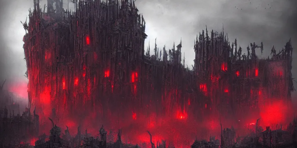 Image similar to grimdark chaos fortress, ruined, terrifying architecture, looming, dark, fog, atmospheric red lighting, flying chaos creatures, dark souls, hyperrealistic, artstation