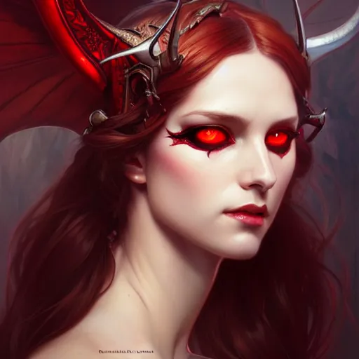 Image similar to Portrait of succubus, D&D, red eyes, face, fantasy, intricate, elegant, highly detailed, digital painting, artstation, concept art, smooth, sharp focus, illustration, art by artgerm and greg rutkowski and alphonse mucha