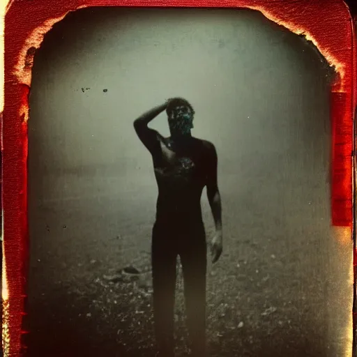 Image similar to a dying devil with tar drip wings standing in the shade of the backlit cosmic light, rich decaying bleeding colors a polaroid picture taken by hollywood