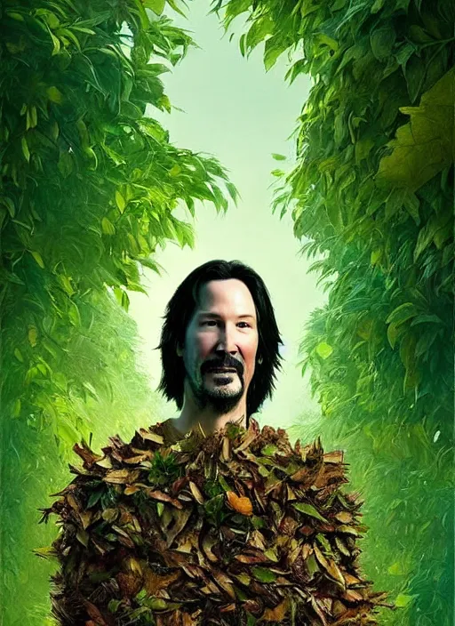 Image similar to highly detailed comedy caper movie poster with silly wacky zany keanu reeves as a sentient pile of leaves, keanu reeves green face as a sentient leafy bush by greg rutkowski, masterpiece, really funny, 1 0 / 1 0 comedy