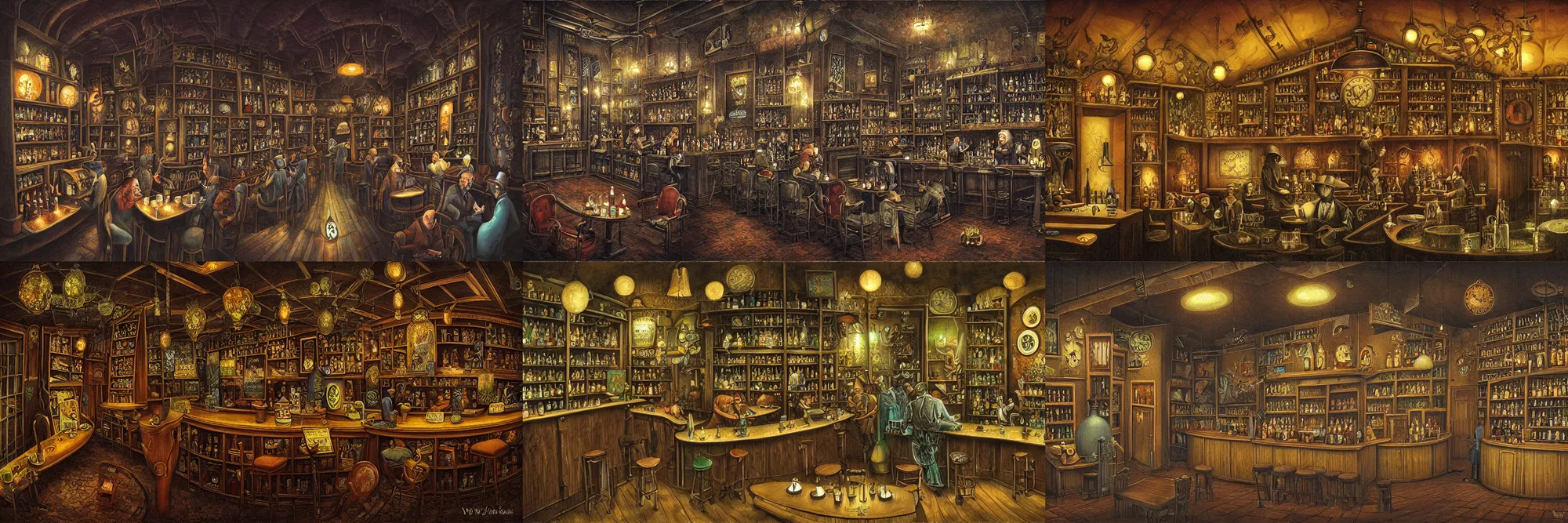 Prompt: secret tea society, dark interior of bar, art by yerka jacek