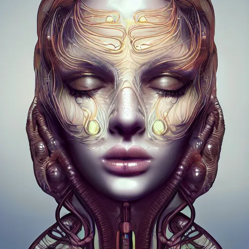 Prompt: very beautiful woman, big open eyes, full face frontal centered, portrait, abundent detailed intricate symmetrical ornate neon cables connected to head, clear lips, luxurious long hair, sophisticated abundent wiring and implants, translucent, porcelain, fractal, sci - fi, dramatic lighting, photography, highly detailed, artstation, deviantart, 8 k, by chie yoshii