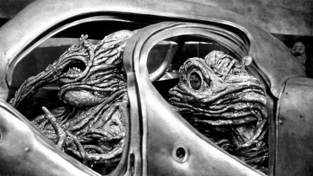 Image similar to the creature sits in a car, view of the car, made of wax and metal, film still from the movie directed by David Cronenberg with art direction by Salvador Dalí, wide lens