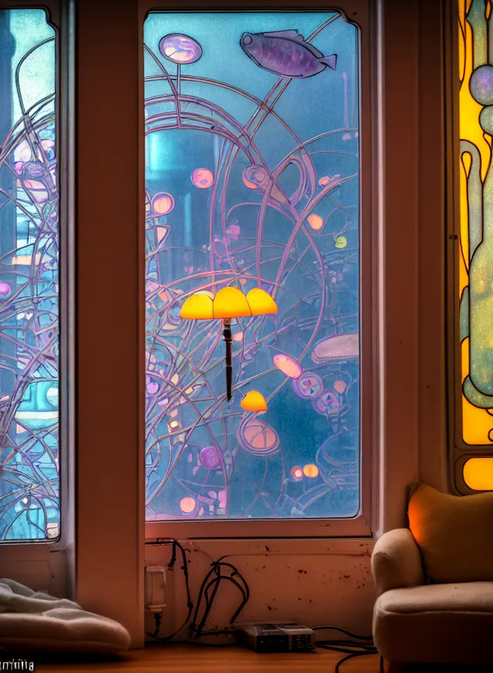 Image similar to telephoto 7 0 mm f / 2. 8 iso 2 0 0 photograph depicting the feeling of chrysalism in a cosy safe cluttered french sci - fi ( art nouveau ) cyberpunk apartment in a pastel dreamstate art cinema style. ( living room ) ( ( fish tank ) ), ambient light.