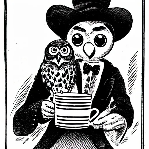 Image similar to black and white comic of a man with the head of an owl, holding a mug of coffee