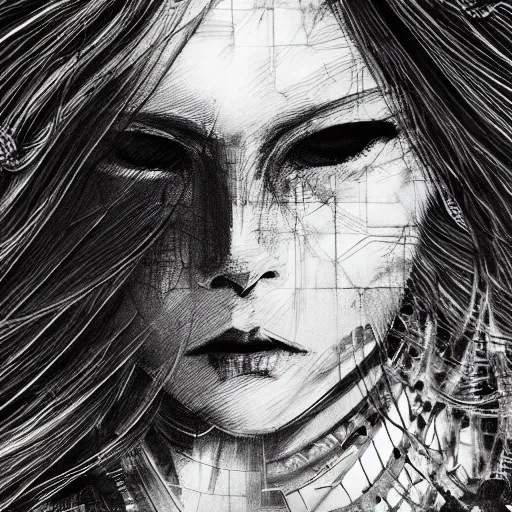 Image similar to yoshitaka amano realistic illustration of an anime girl with black eyes, wavy white hair fluttering in the wind and cracks on her face wearing elden ring armour with engraving, abstract black and white patterns on the background, noisy film grain effect, highly detailed, renaissance oil painting, weird portrait angle, blurred and dreamy portrait, three quarter angle portrait