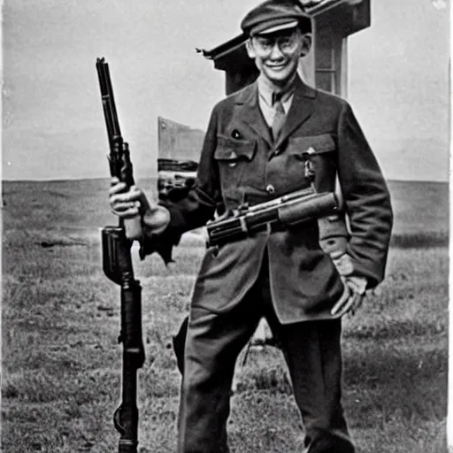 Prompt: old wartime photograph of bill gates holding a lewis gun, 1 9 1 7