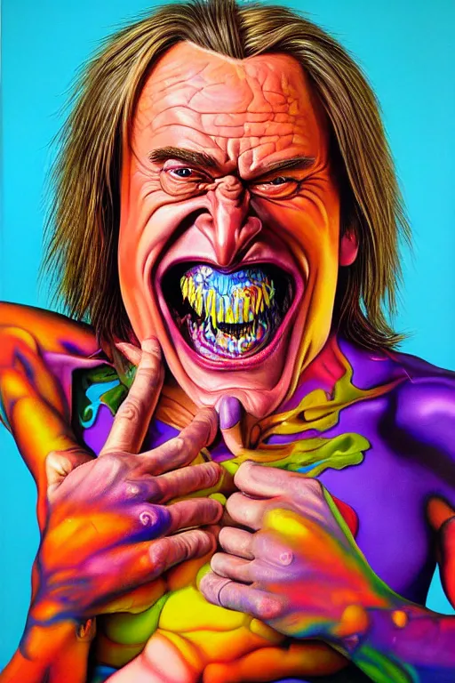 Prompt: hyper realistic painting of braco the gazer laughing maniacally, by chuck close, lisa frank, simon bisley and richard corben, very intense, hyperdetailed, rich deep vivid colours, sharp focus, dramatic lighting