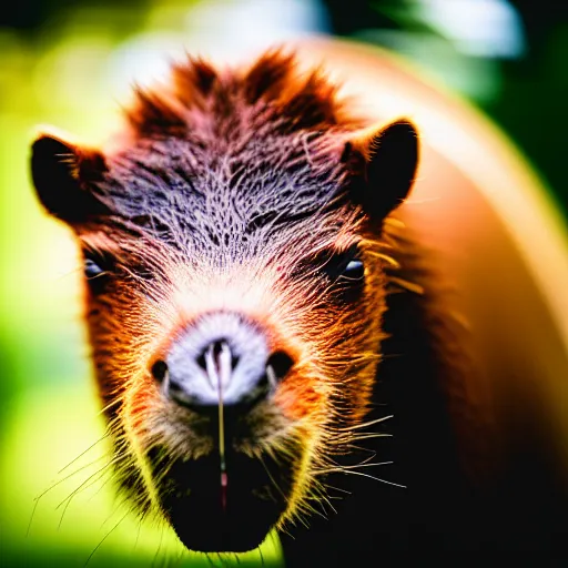 Image similar to cute capybara eating a neon nvidia gpu, chewing on a video card, cooling fans, cyberpunk, wildlife photography, bokeh, golden hour, sharp focus, 3 5 mm, taken by sony a 7 r, 4 k, award winning