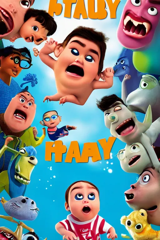 Image similar to movie poster for frat baby, an official promotional poster for the pixar animated film frat baby about a baby in a fraternity who has to learn how to party with frat bros, high quality animated film poster