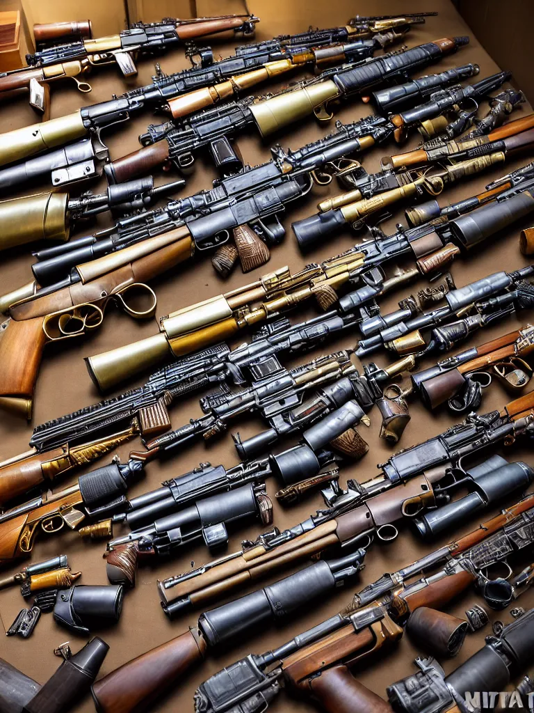 Image similar to kaleidoscope of machine guns, shotguns, rifles, revolvers, bullets, ultra-realistic, intricate details photograph
