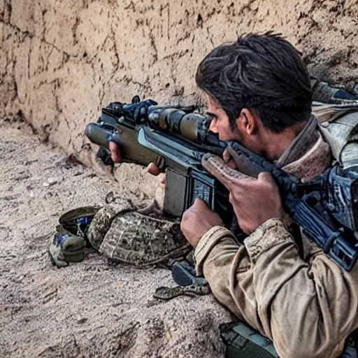 Image similar to kurdish ypg sniper in a movie directed by christopher nolan, movie still frame, promotional image, imax 7 0 mm footage, 8 k uhd