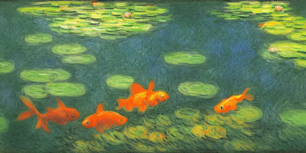 Image similar to An aesthetically pleasing, dynamic, energetic, lively, well-designed digital art of goldfish in a pond viewed from underwater, light and shadow, chiaroscuro, by Claude Monet and Vincent Van Gogh, superior quality, masterpiece, excellent use of negative space. 8K, superior detail, widescreen.