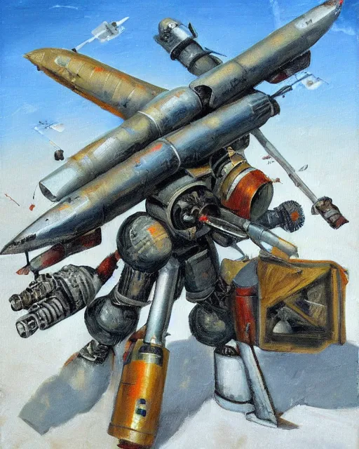 Prompt: portrait of a sukhoi mech armed with rockets and a minigun, oil painting, soviet airplane, tribal yurta, postapocalyptic