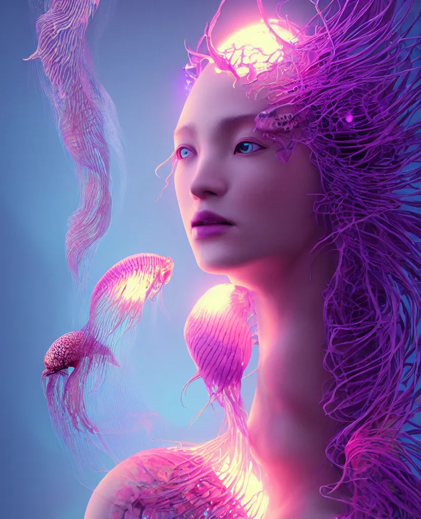 Image similar to goddess close-up portrait. orchid jellyfish phoenix head, nautilus, skull, betta fish, bioluminiscent creatures, intricate artwork by Tooth Wu and wlop and beeple. octane render, trending on artstation, greg rutkowski very coherent symmetrical artwork. cinematic, hyper realism, high detail, octane render, 8k