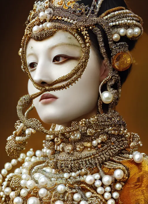 Image similar to hyperrealism, detailed textures, award winning autochrome photo, symetrical japanese pearl medusa queen autochrome pearl portrait, pearl silverplate, intricate, detailed facial pearl animal mask, pearl, golden jewelery, silverplate, ultra realistic, cinematic, intricate, cinematic light by steve mccurry, unreal engine 8 k