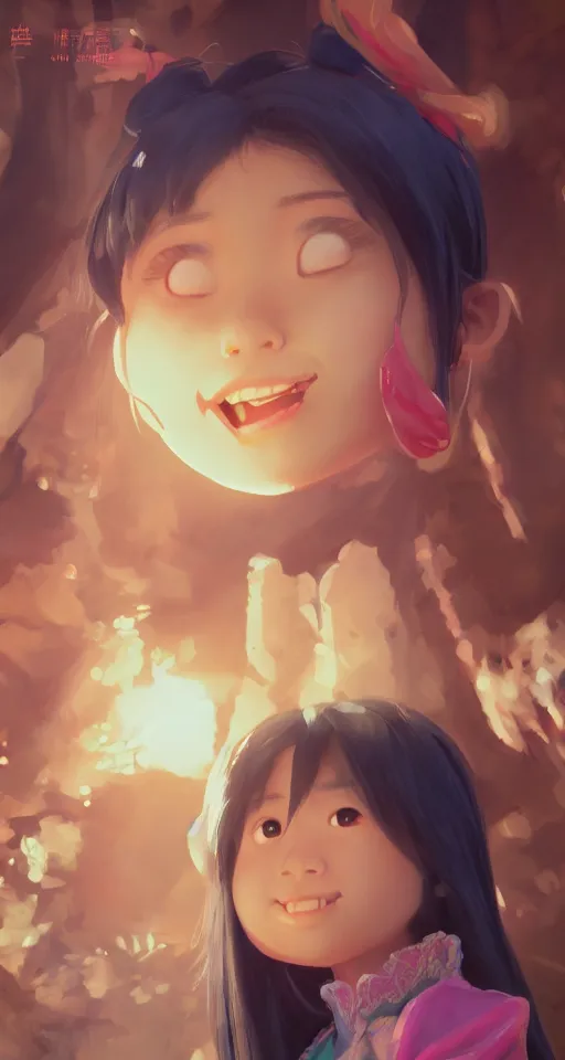 Image similar to a painting of cute Asian girls smiling, in the style of DreamWorks animation, low angle view, 16mm lens, award winning, hyper detailed, dramatic lighting, artstation, octane renderer, unreal engine