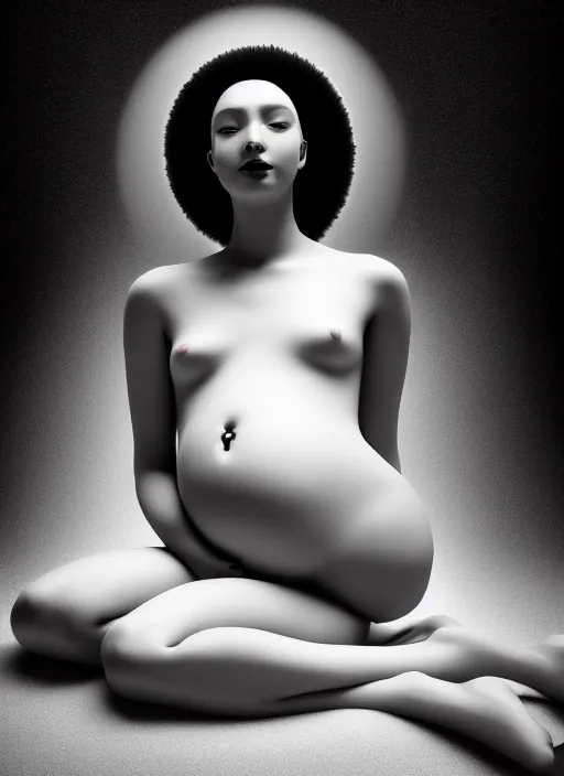 Image similar to surreal mythical dreamy dark artistic black and white fine art fashion portrait photo of a young beautiful delicate female ai giving birth to the new world, spiritual, halo, glory, rim light, cinematic, studio dramatic light, poetic, masterpiece, octane render, 8 k, photo - realistic by dora maar man ray