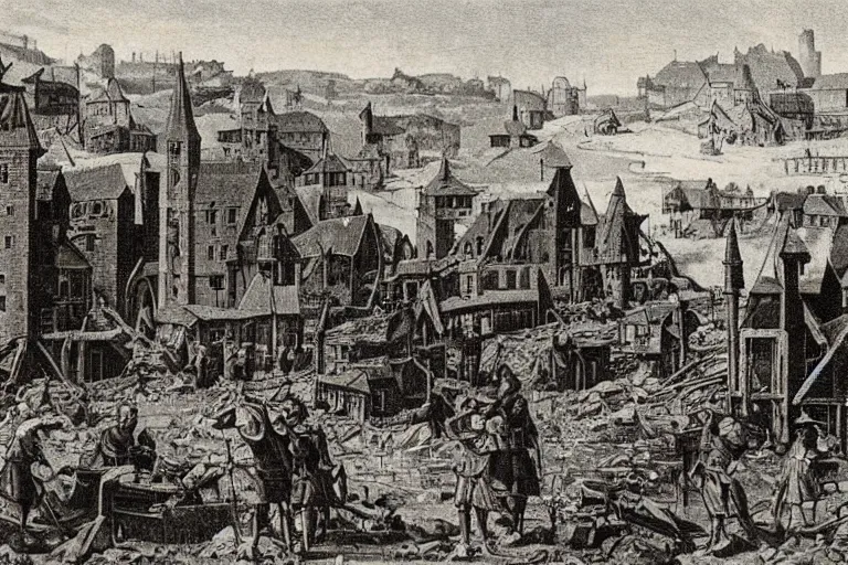 Prompt: an very old photo of a town getting destroyed in medieval times