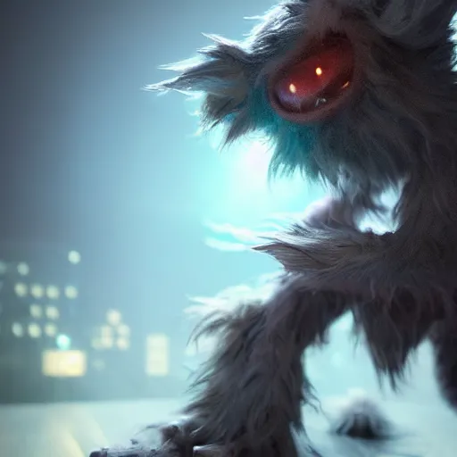 Image similar to full body pose, hyperrealistic photograph of a cute fuzzy goblin monster, dim volumetric lighting, 8 k, octane beautifully detailed render, extremely hyper detailed, intricate, epic composition, cinematic lighting, masterpiece, trending on artstation, very very detailed, stunning, hdr, smooth, sharp focus, high resolution, award, winning photo, dslr, 5 0 mm