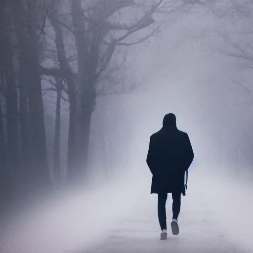 Prompt: a man walking in a pink cloak facing the camera in heavy fog