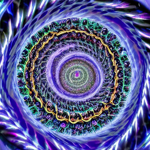 Prompt: Spiral From the edges to the center into infinity hyperdetailed hyperrealism astral cosmic dystopian ethereal galactic intricate dark, encased in a crystal cube