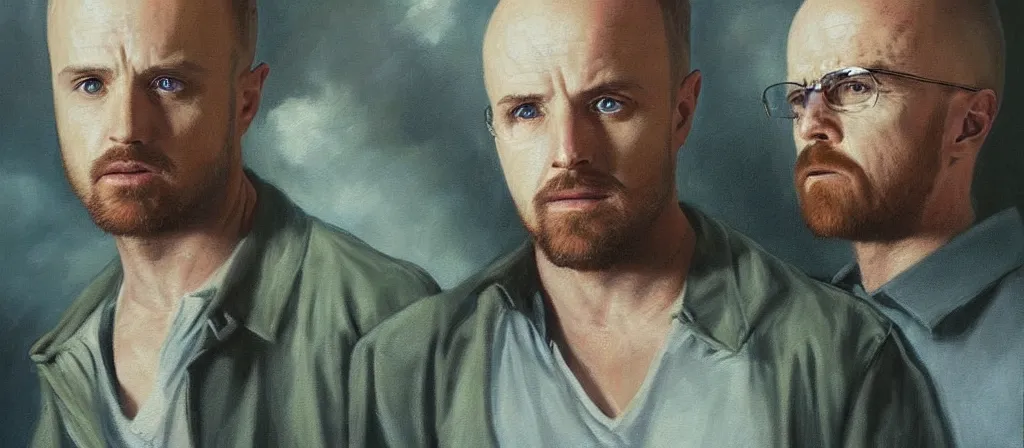 Image similar to an ultra detailed beautiful oil painting of jesse pinkman and heisenberg from breaking bad, cinematic composition, soft shading, by sargent, by giovanni strazza, by raffaelo monti