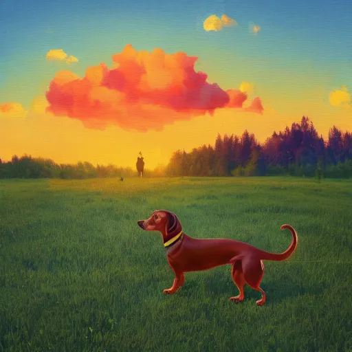 Image similar to a dachshund, surreal photography, cannabis field, sunset on a summer day light, impressionist painting, colorful clouds, blue sky, digital painting, artstation, simon stalenhag