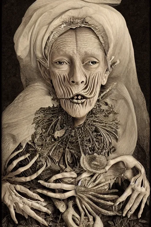 Prompt: Detailed maximalist portrait of an old woman with large lips and eyes, scared expression, botanical skeletal with extra flesh, HD mixed media, 3D collage, highly detailed and intricate, surreal illustration in the style of Caravaggio, dark art, baroque