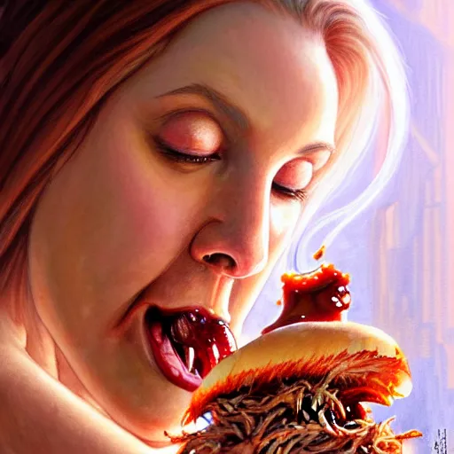 Prompt: Morbidly Obese Ann Coulter eating pulled pork sandwich oozing bbq sauce, closeup, D&D, fantasy, intricate, elegant, highly detailed, digital painting, artstation, concept art, matte, sharp focus, illustration, art by Artgerm and Greg Rutkowski and Alphonse Mucha