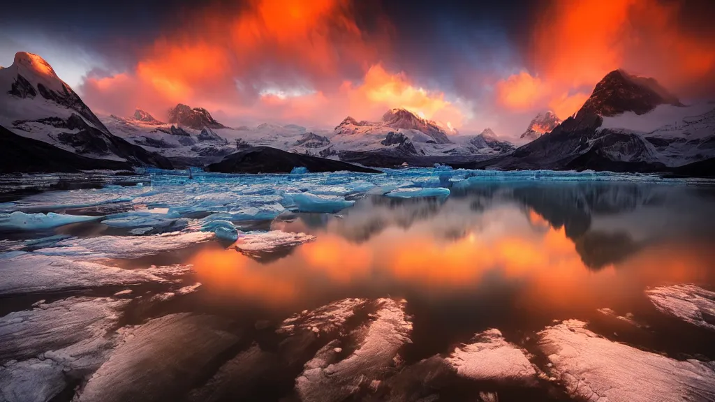 Image similar to amazing landscape photo of a glacier with lake in sunset by marc adamus, beautiful dramatic lighting