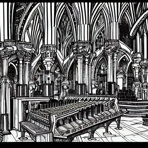 Image similar to detailed intricate comic style illustration of a robotic hydra with jack connectors for heads, inside a cathedral made from pro audio equipment