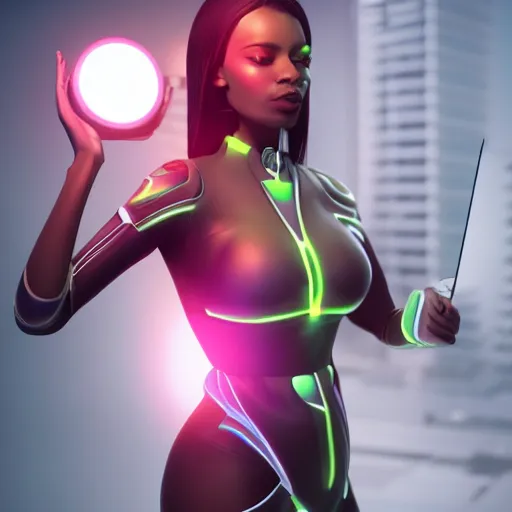 Image similar to a woman in a futuristic suit holding a glowing light, a computer rendering by Artgerm, featured on cgsociety, afrofuturism, daz3d, zbrush, futuristic