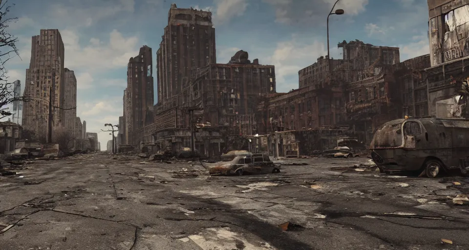 Image similar to wide angle shot of dilapidated fallout 5 new york city in real life, desolate with zombirs, dilapidated, empty streets, nightmarish, some rusted retro futuristic fallout vintage style parked vehicles, sunny weather, few clouds, volumetric lighting, photorealistic, daytime, autumn, sharp focus, ultra detailed, cgsociety