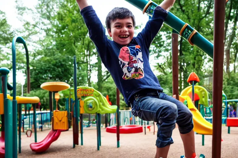 Prompt: Grogu going down a slide in a playground, still from the Mandalorian show, his arms are in the air and he’s smiling, shallow depth of field, Nikon 50mm f/1.8G