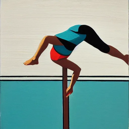 Image similar to acrylic painting on wood of a woman wearing a swimming cap diving from a high diving board into a pool. the pool is out of frame. teal, white, black and grayscale. simple. flat. vintage, mid - century modern. mid - drive, in the air, fully body, anatomically correct by edward hopper