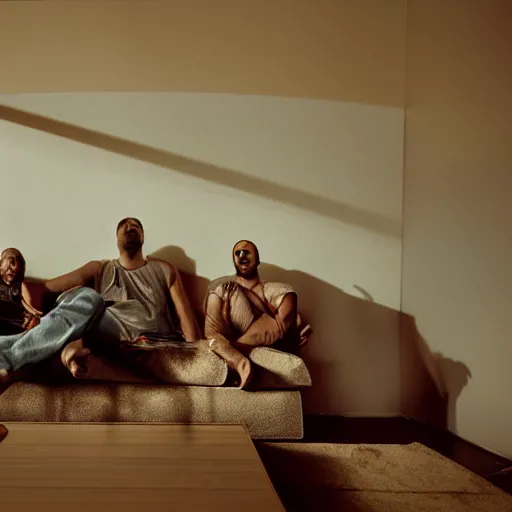 Image similar to gang members chilling around dirty couch in a beige room thick volumetric dust god rays shines through the blinds kinda atmosphere jonathan zawada style photography