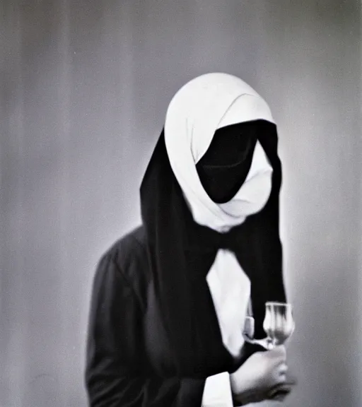 Prompt: person in a suit with veil over face, vintage technicolor film photo, grainy, high detail, high resolution