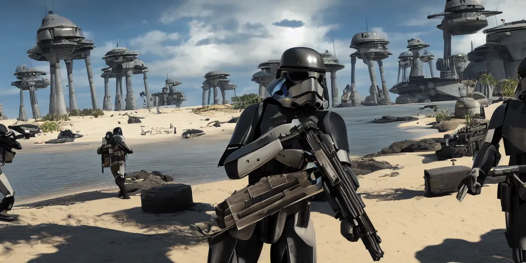 Image similar to shore troopers, on scarif, ea star wars battlefront 2015, highly detailed