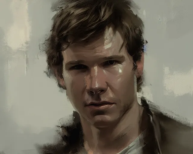 Prompt: portrait of young han solo young harrison ford in shades of grey but with brown by jeremy mann