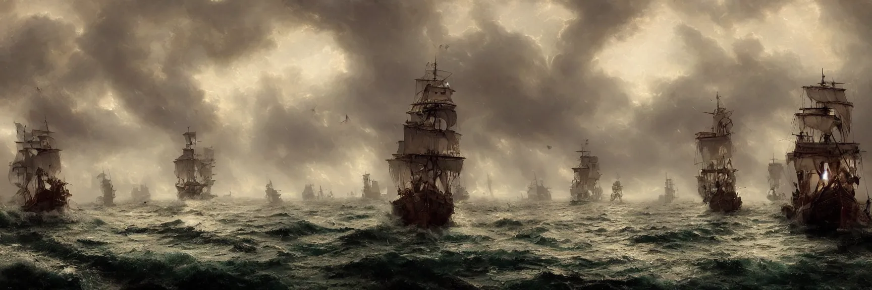 Prompt: battle of multiple pirate war ships in the sea, in rain and thunderstorm, ominous sky, by greg rutkowski, thomas kinkade, artstation, cgsociety
