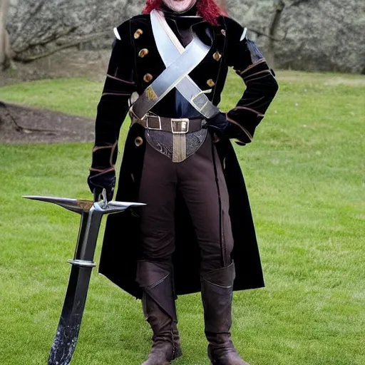 Image similar to full body photo of elon musk cosplaying a musketeer, he has a big black hat and holds a shiny sword