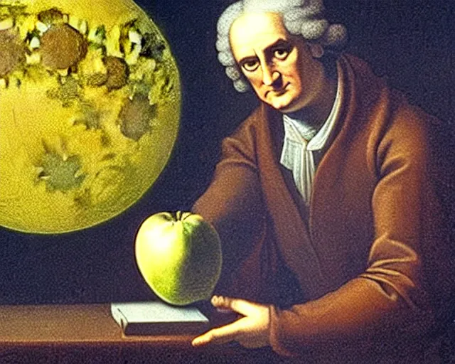 Image similar to isaac newton holding an apple in his hands and looking at the moon