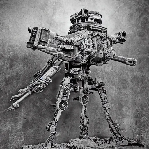 Image similar to world war one era mech, intricate, realistic, black and white