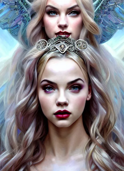 Image similar to ultra realistic illustration, a stunningly beautiful greek gothic goddess of chaos played by jordyn jones and dove cameron and margot robbie and taylor swift and megan fox, intricate, elegant, highly detailed, digital painting, artstation, concept art, smooth, sharp focus, illustration, art by artgerm and greg rutkowski and alphonse mucha