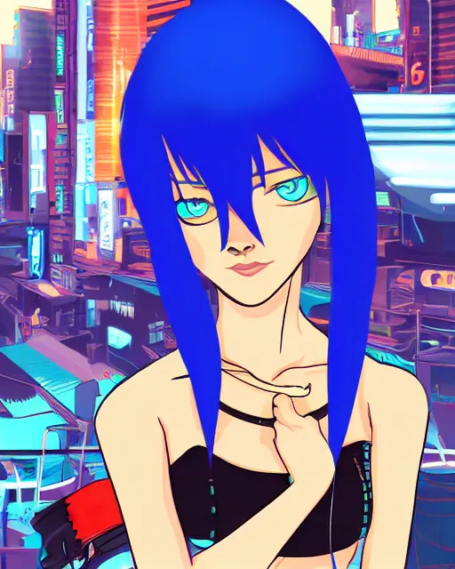 Prompt: cel shaded art of a pretty blue haired girl, jet grind radio graphics, cyberpunk city street background