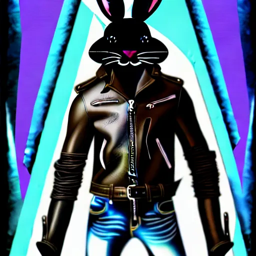 Image similar to A bunny with a small head wearing a fine intricate leather jacket and leather jeans and leather gloves, trending on FurAffinity, energetic, dynamic, digital art, highly detailed, FurAffinity, high quality, digital fantasy art, FurAffinity, favorite, character art