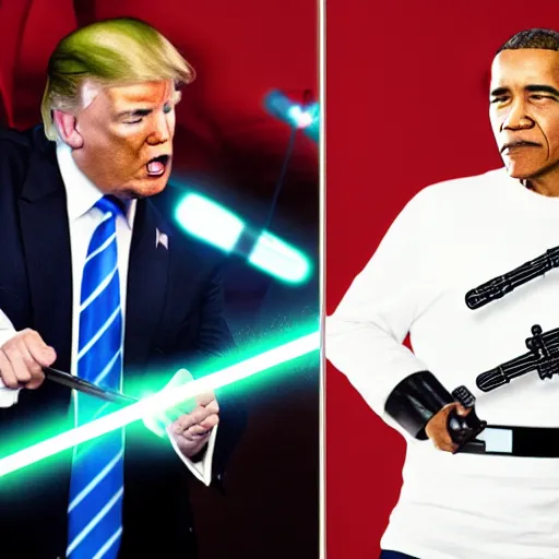 Image similar to photo of putin, trump and obama having a lightsaber fight